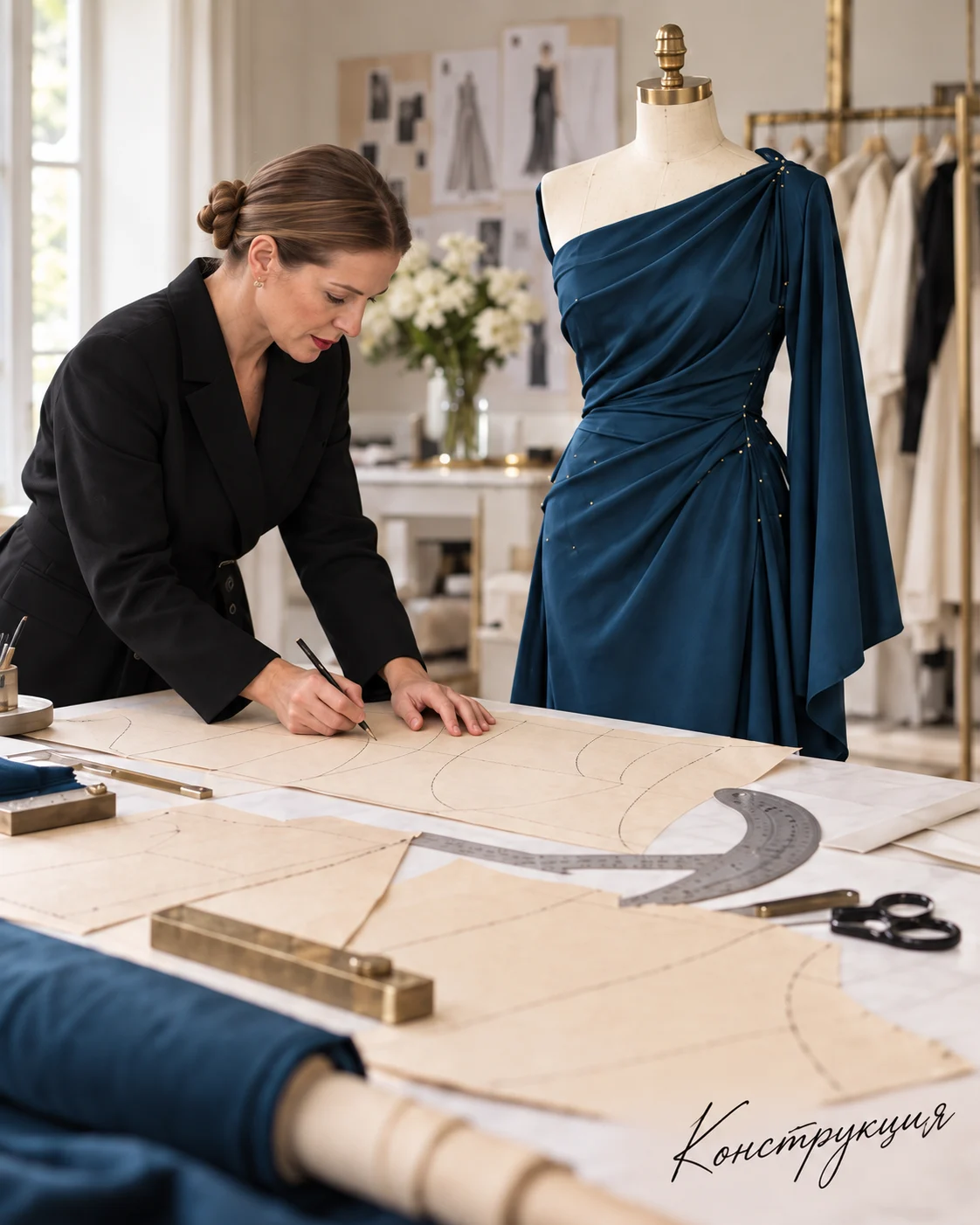 Ольга работает с выкройкой рядом с манекеном / Olga working on a pattern beside a dress form