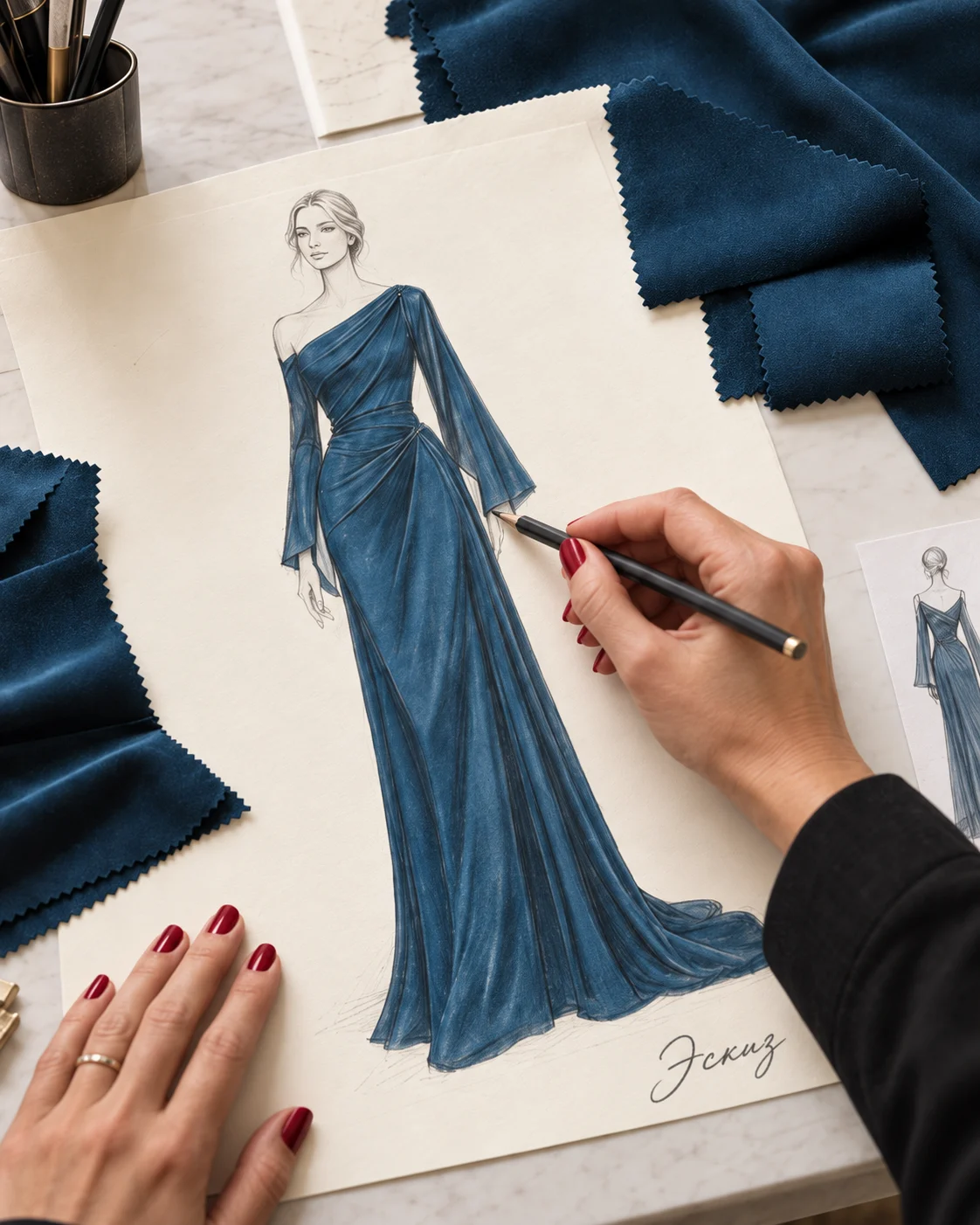 Эскиз синего платья / Sketch of a blue dress